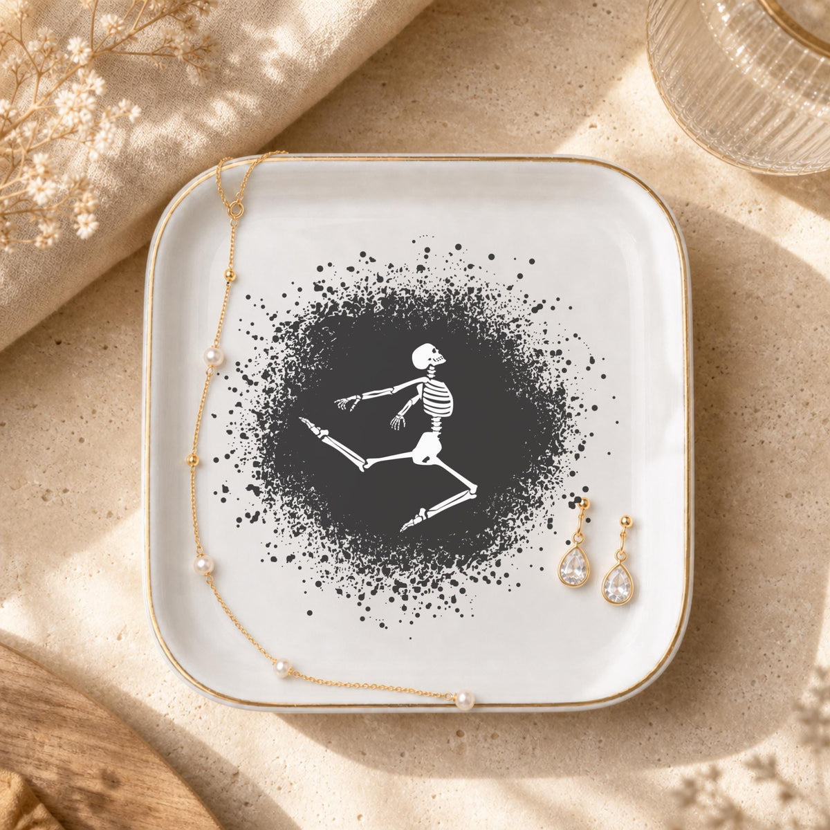 Gothic Dancing Skeleton Jewelry Dish | Halloween Spooky Trinket Tray & Ceramic Ring Holder