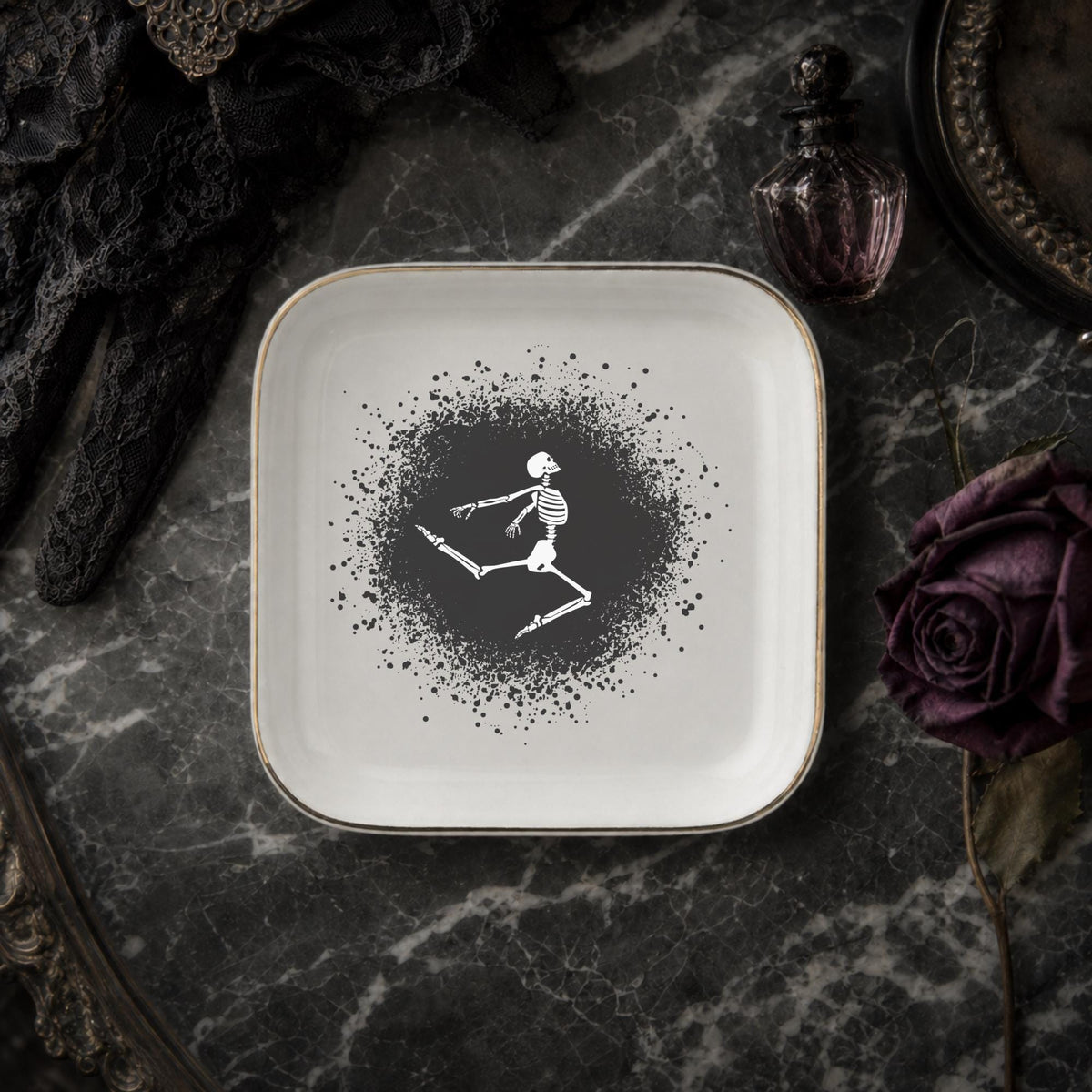 Gothic Dancing Skeleton Jewelry Dish | Halloween Spooky Trinket Tray & Ceramic Ring Holder