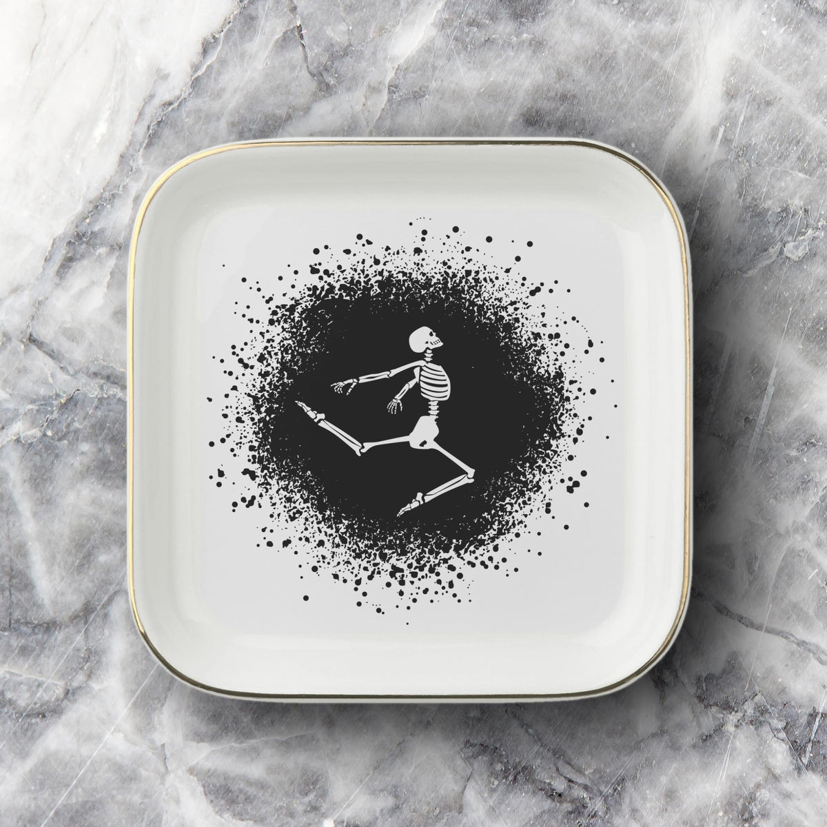 Gothic Dancing Skeleton Jewelry Dish | Halloween Spooky Trinket Tray & Ceramic Ring Holder