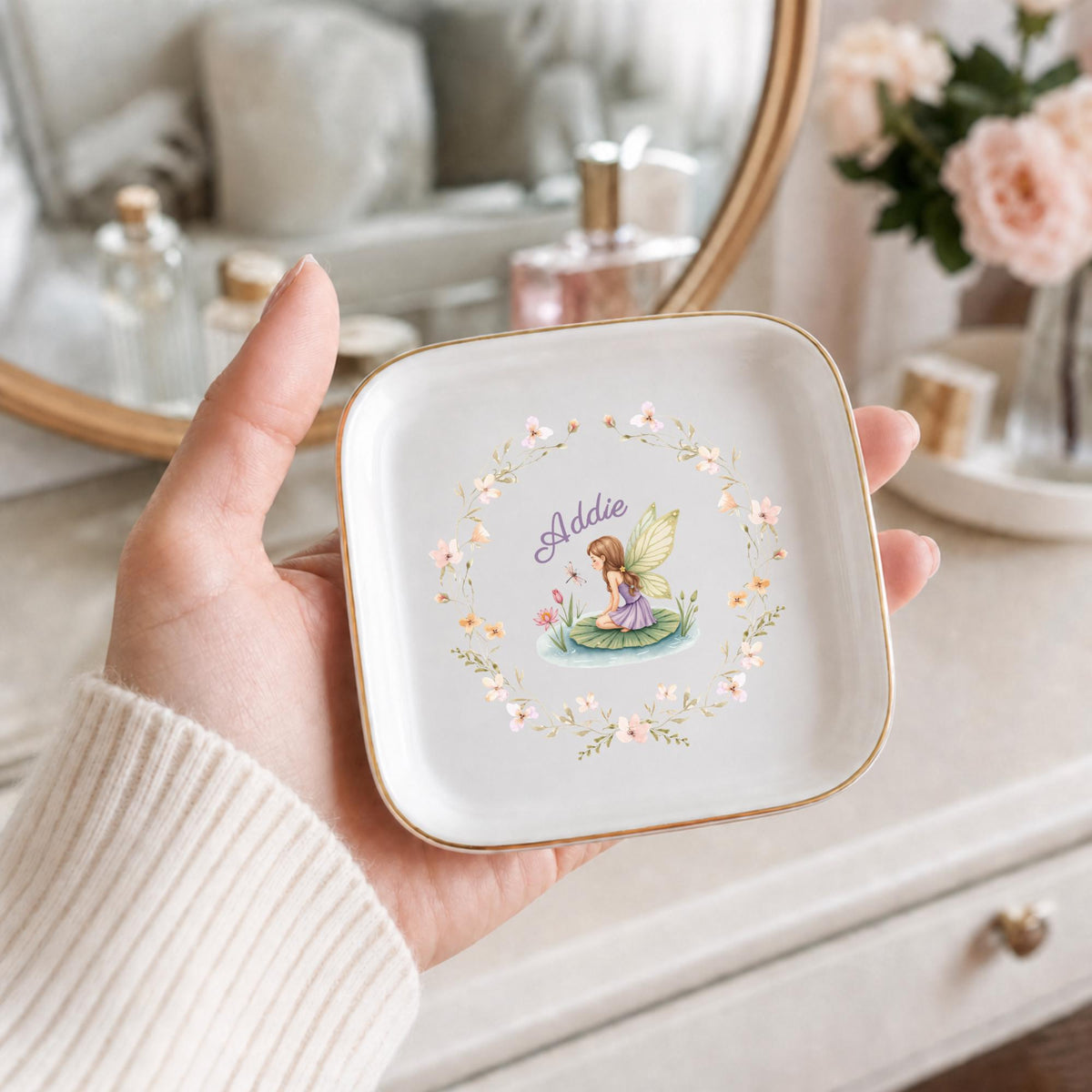 Custom Name Fairy Jewelry Dish | Personalized Floral Fairytale Ring Tray