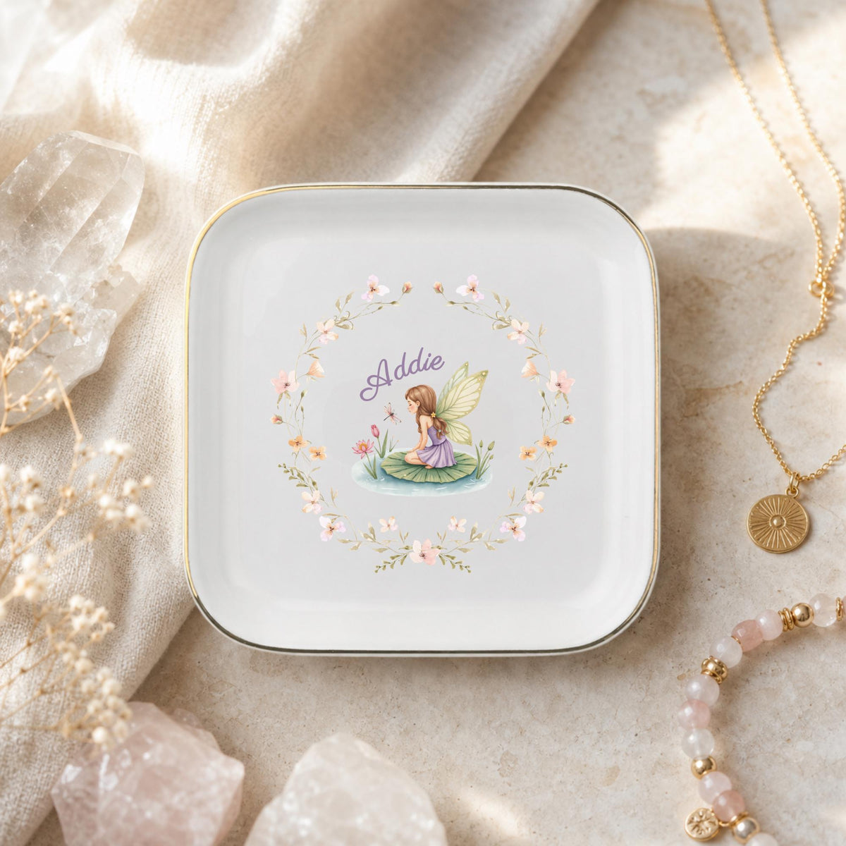 Custom Name Fairy Jewelry Dish | Personalized Floral Fairytale Ring Tray