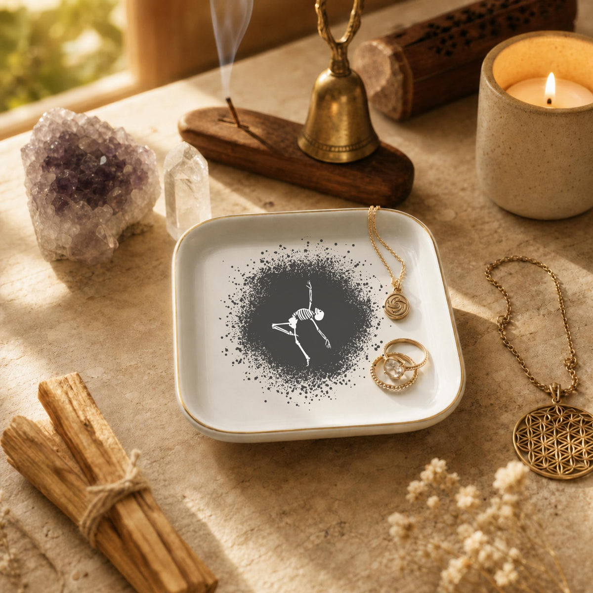 Gothic Dancing Skeleton Jewelry Dish | Halloween Spooky Trinket Tray & Ceramic Ring Holder