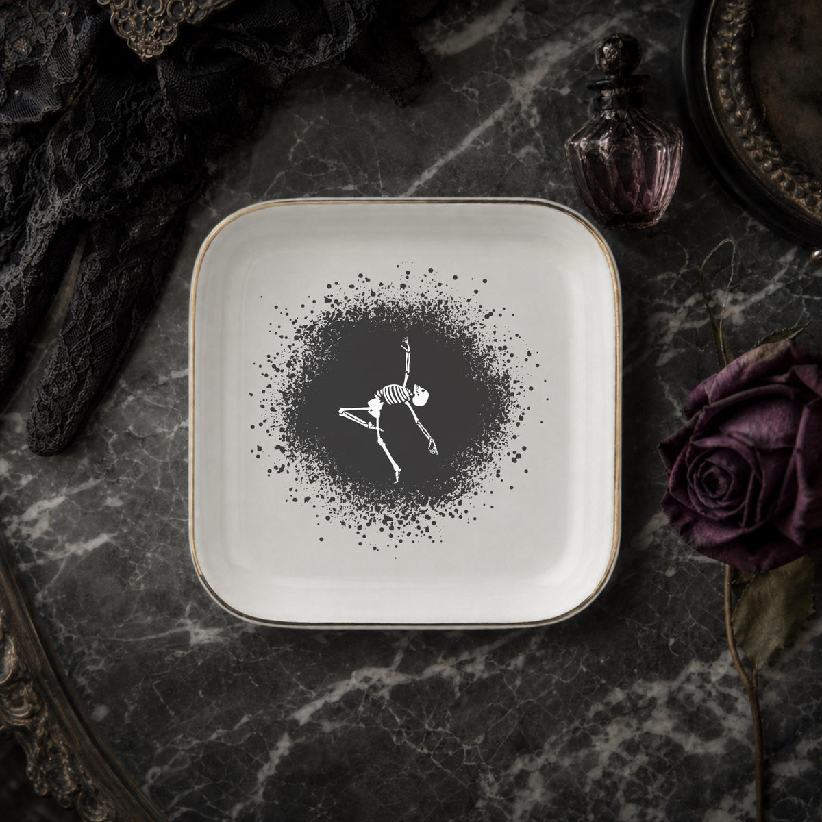 Gothic Dancing Skeleton Jewelry Dish | Halloween Spooky Trinket Tray & Ceramic Ring Holder