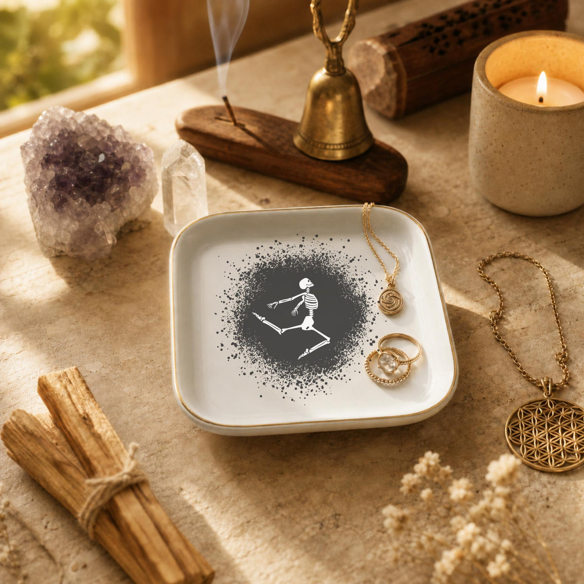Gothic Dancing Skeleton Jewelry Dish | Halloween Spooky Trinket Tray & Ceramic Ring Holder