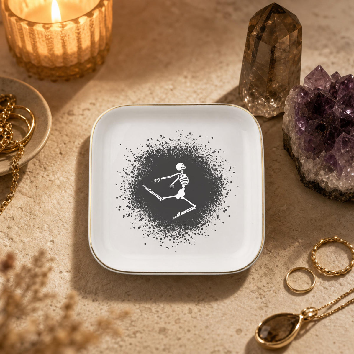 Gothic Dancing Skeleton Jewelry Dish | Halloween Spooky Trinket Tray & Ceramic Ring Holder
