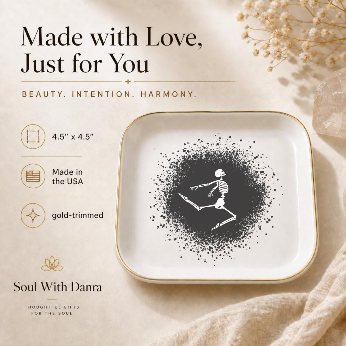 Gothic Dancing Skeleton Jewelry Dish | Halloween Spooky Trinket Tray & Ceramic Ring Holder
