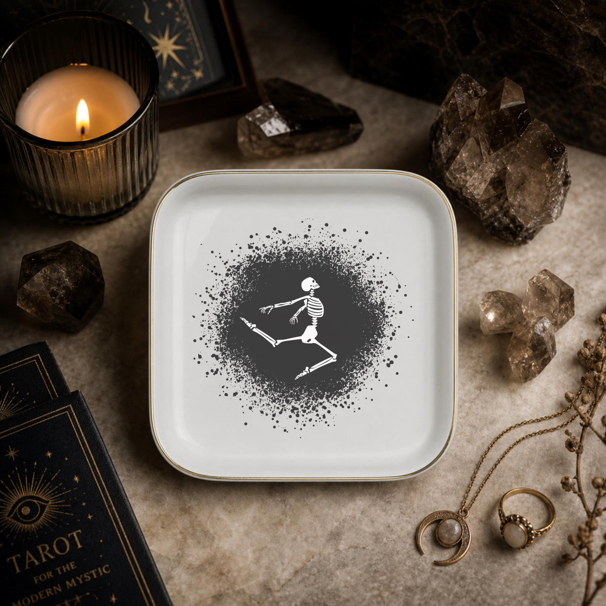 Gothic Dancing Skeleton Jewelry Dish | Halloween Spooky Trinket Tray & Ceramic Ring Holder
