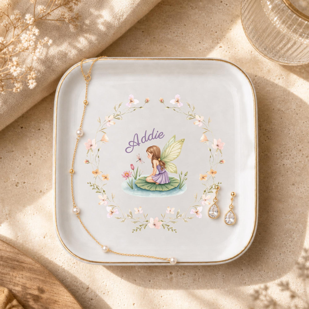 Custom Name Fairy Jewelry Dish | Personalized Floral Fairytale Ring Tray
