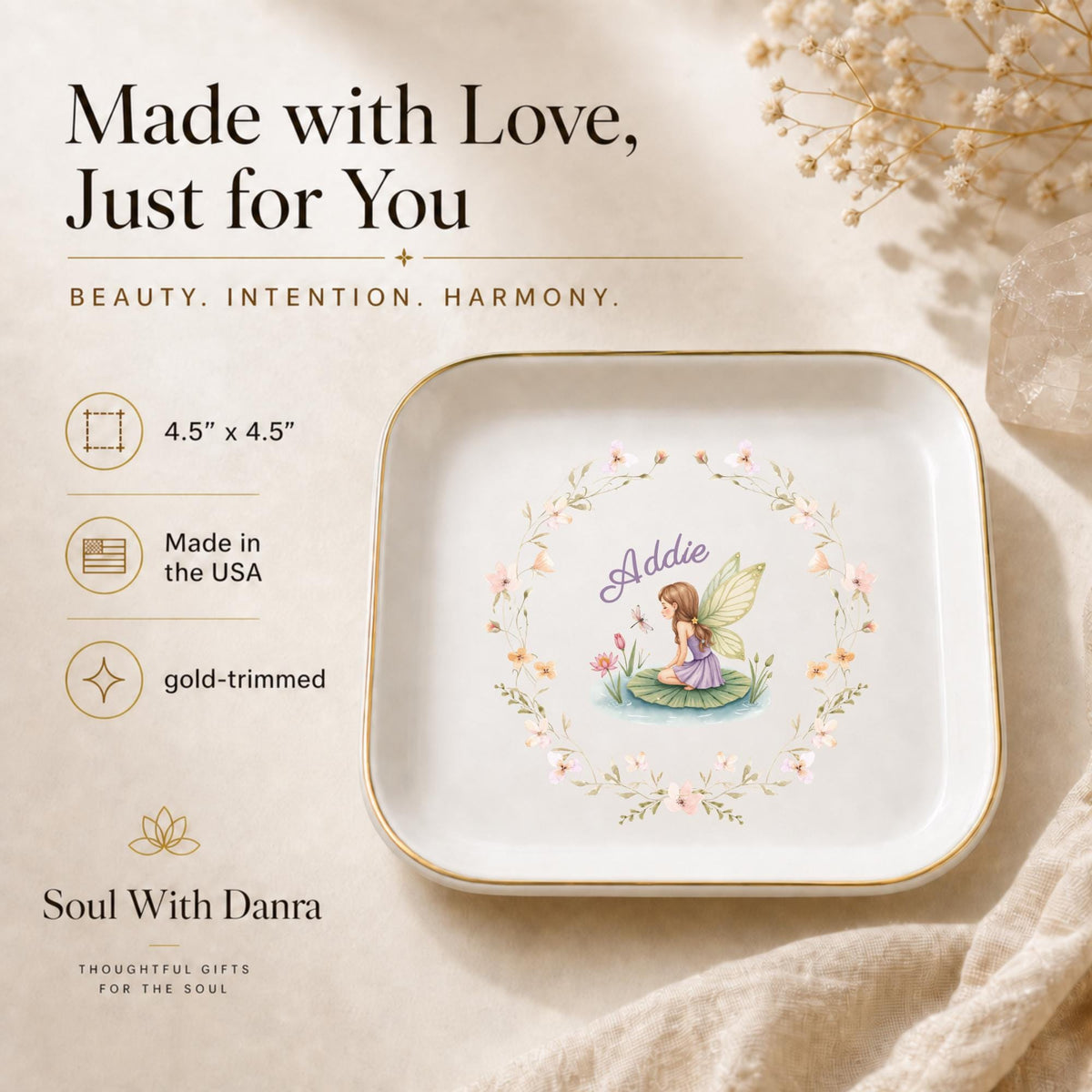 Custom Name Fairy Jewelry Dish | Personalized Floral Fairytale Ring Tray