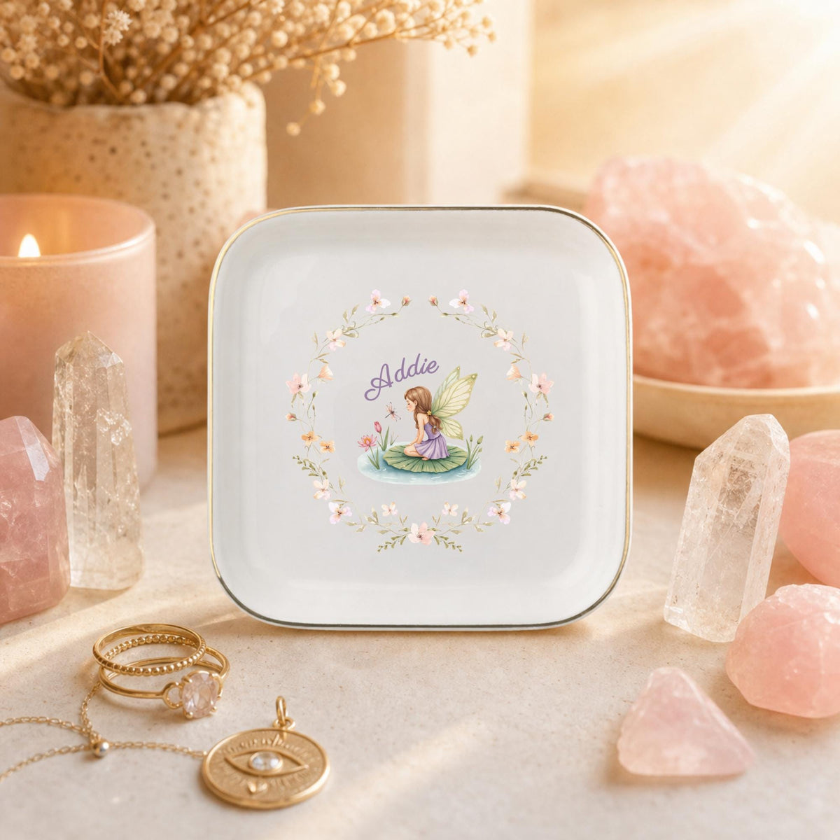 Custom Name Fairy Jewelry Dish | Personalized Floral Fairytale Ring Tray