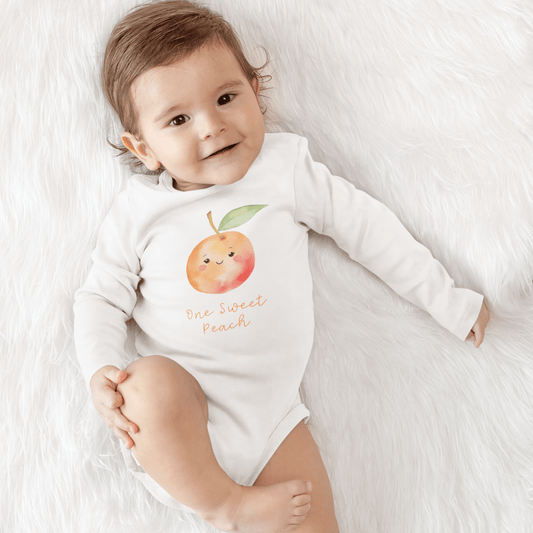 One Sweet Peach Themed First Birthday Party, Infant Cotton Long Sleeve Bodysuit, Cute Peach Daughter's 1st Bday Photoshoot Outfit