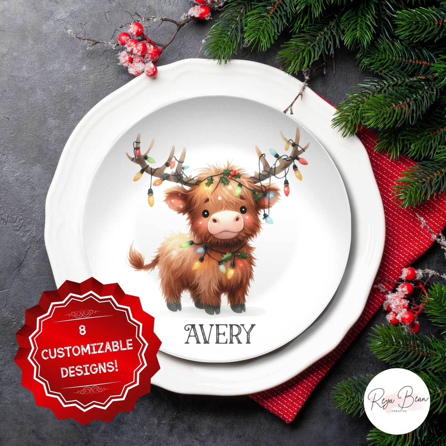 Highland Cow Christmas Plates Unbreakable DecoPlate Dinnerware - Set of 8