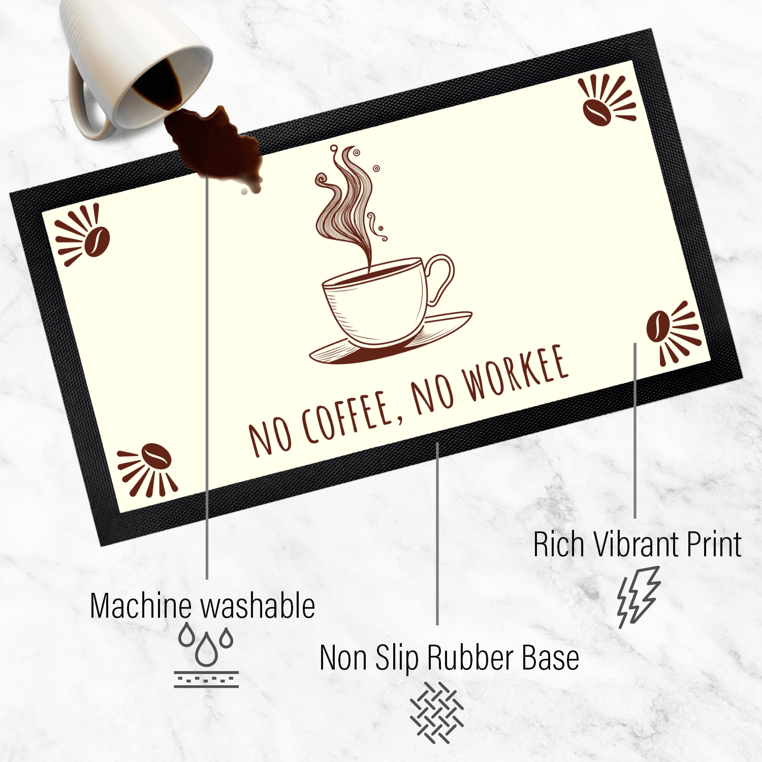 Coffee Station Bar Runner, No Coffee No Workee Mat 18" x 10", Coffee Lover Kitchen Accessory Housewarming Gift, Coffee Station Table Topper