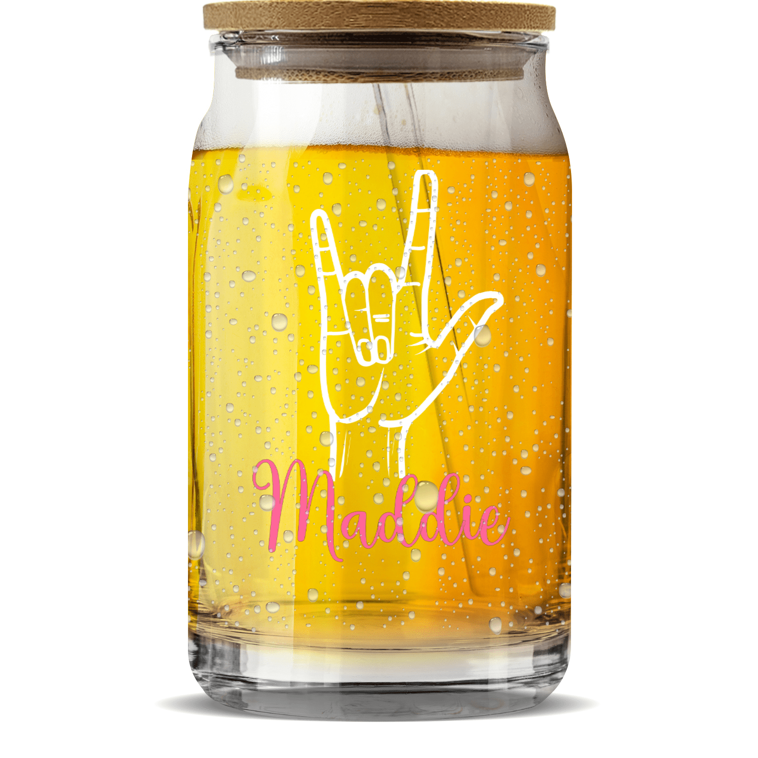 Custom ASL I Love You Libby Glass With Lid & Straw, American Sign Language Sculpted Beer Can ILY Iced Coffee Deaf Ed Sipper Glass Tumbler