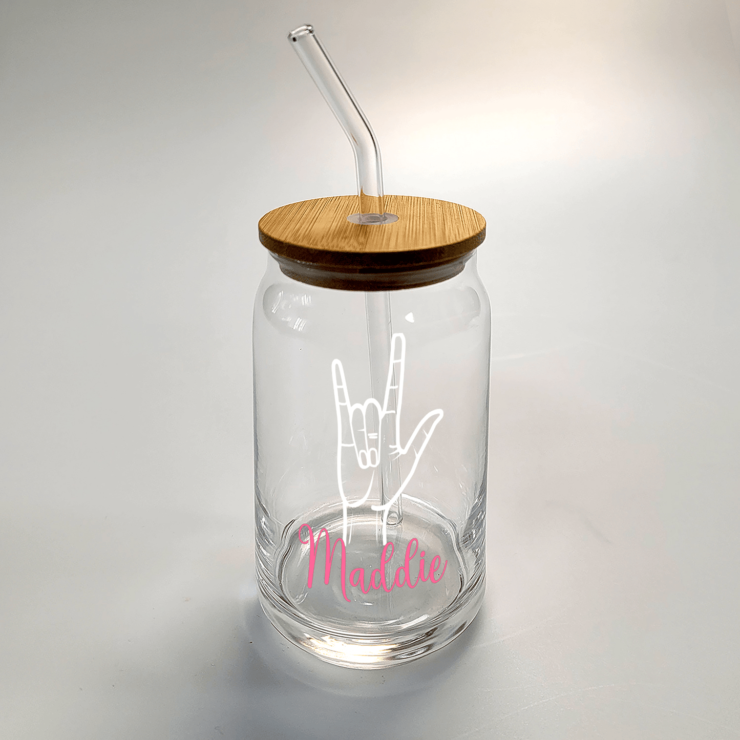 Custom ASL I Love You Libby Glass With Lid & Straw, American Sign Language Sculpted Beer Can ILY Iced Coffee Deaf Ed Sipper Glass Tumbler