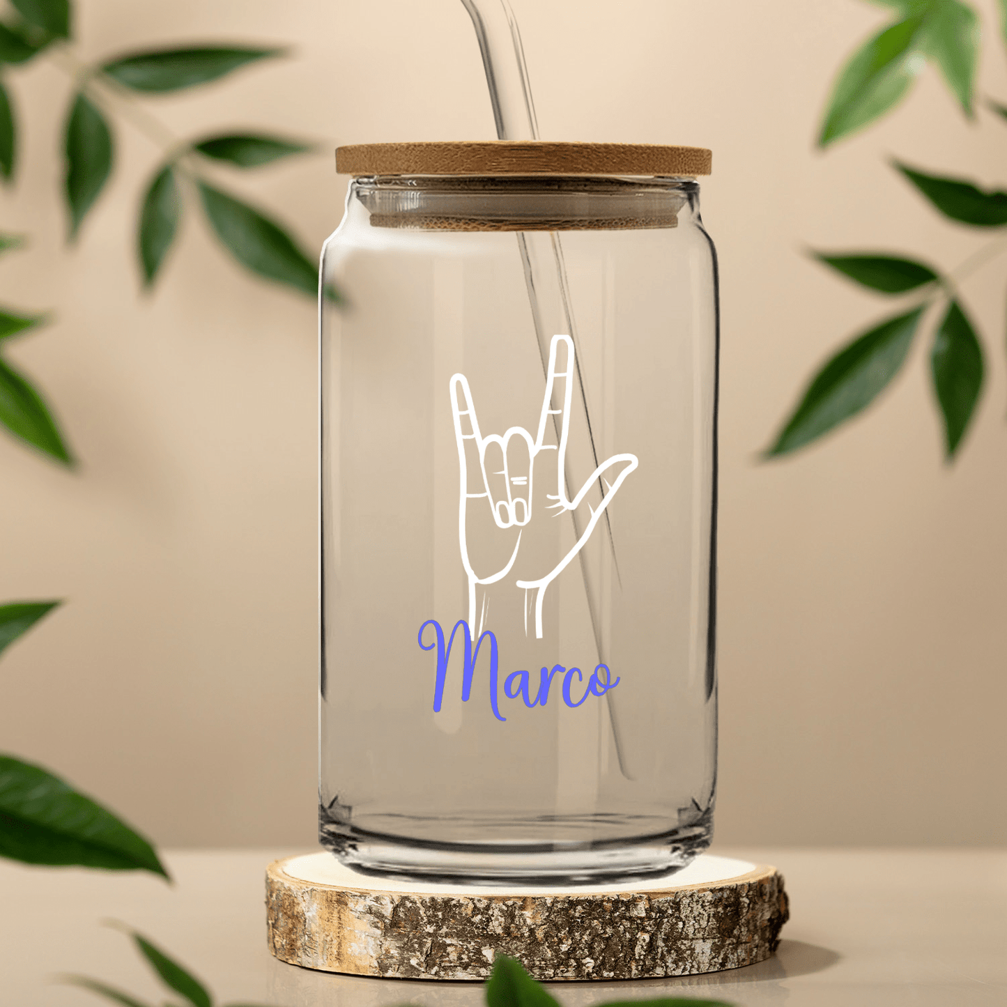 Custom ASL I Love You Libby Glass With Lid & Straw, American Sign Language Sculpted Beer Can ILY Iced Coffee Deaf Ed Sipper Glass Tumbler