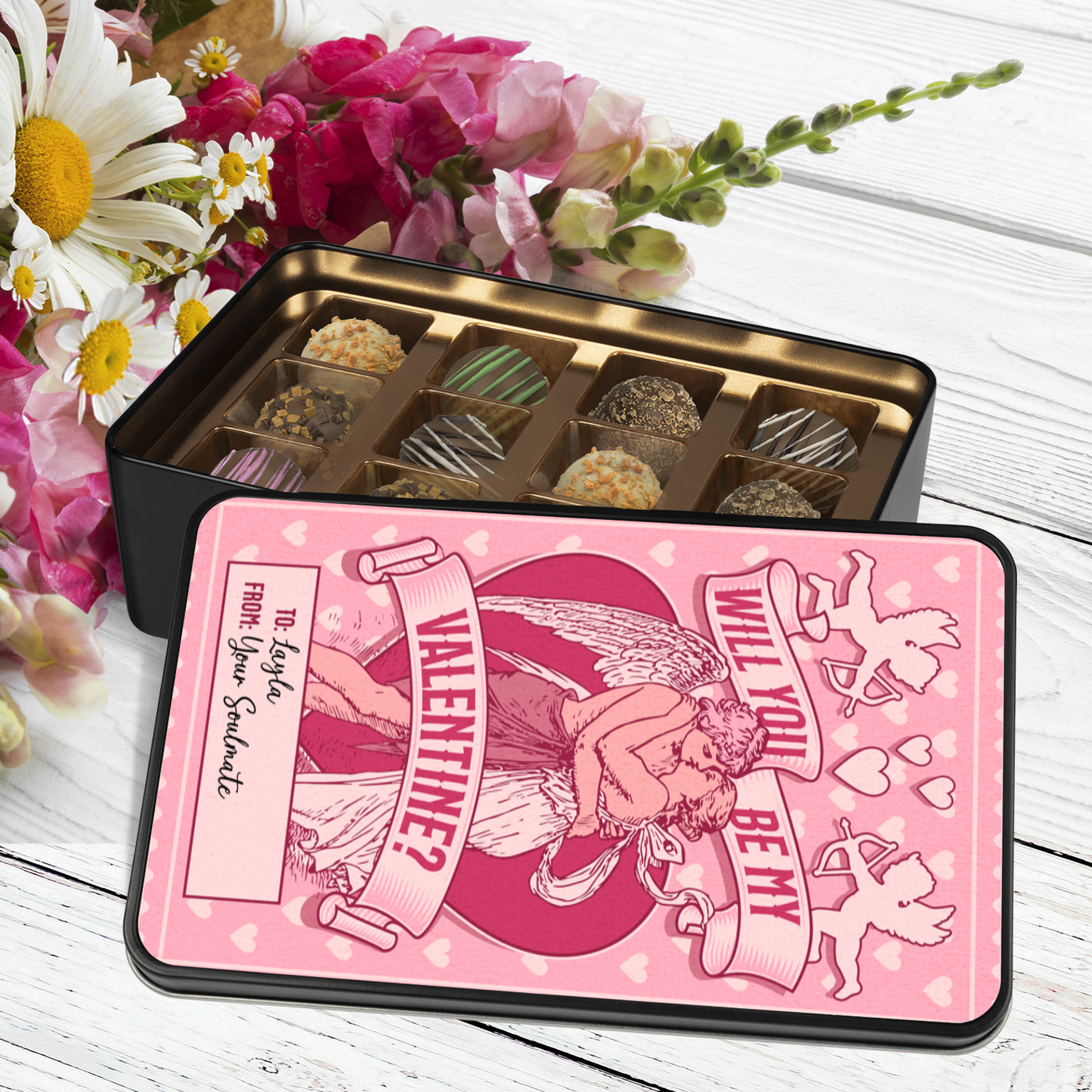 Custom Valentine's Day Chocolate Tin 12 Handmade Truffles - Will You Be My Valentine?