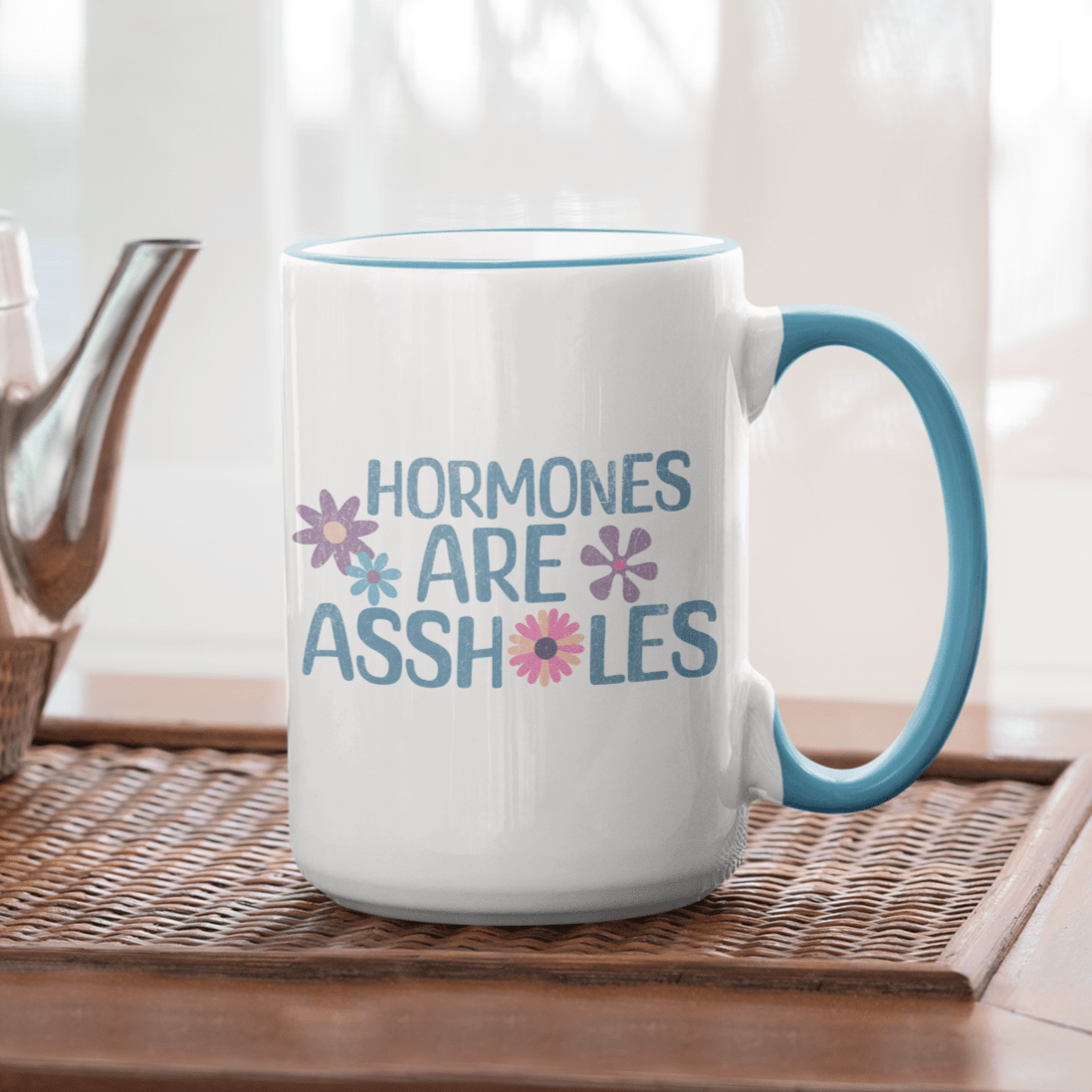 Menopausal Woman Funny Mug, Hormones Are Assholes Two Tone Accent Coffee Mug 15oz, Perimenopause Pregnancy Mood Swing Fun Gift for Her