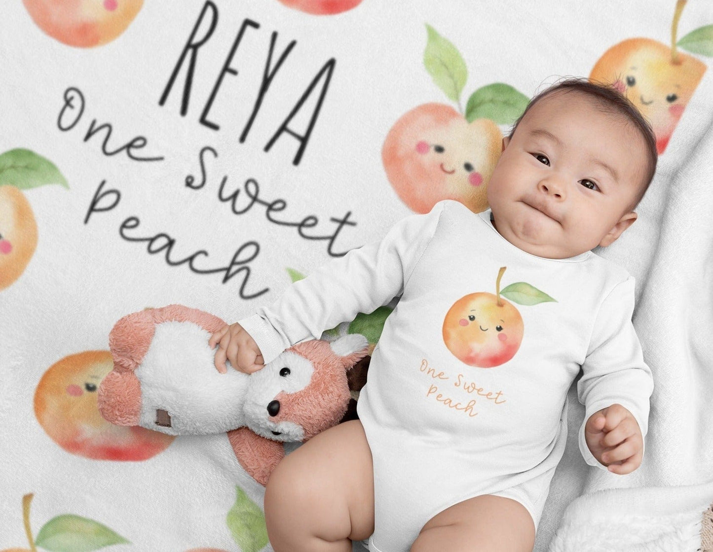 One Sweet Peach Theme 1st Birthday Custom Blanket - Velveteen Plush Throw