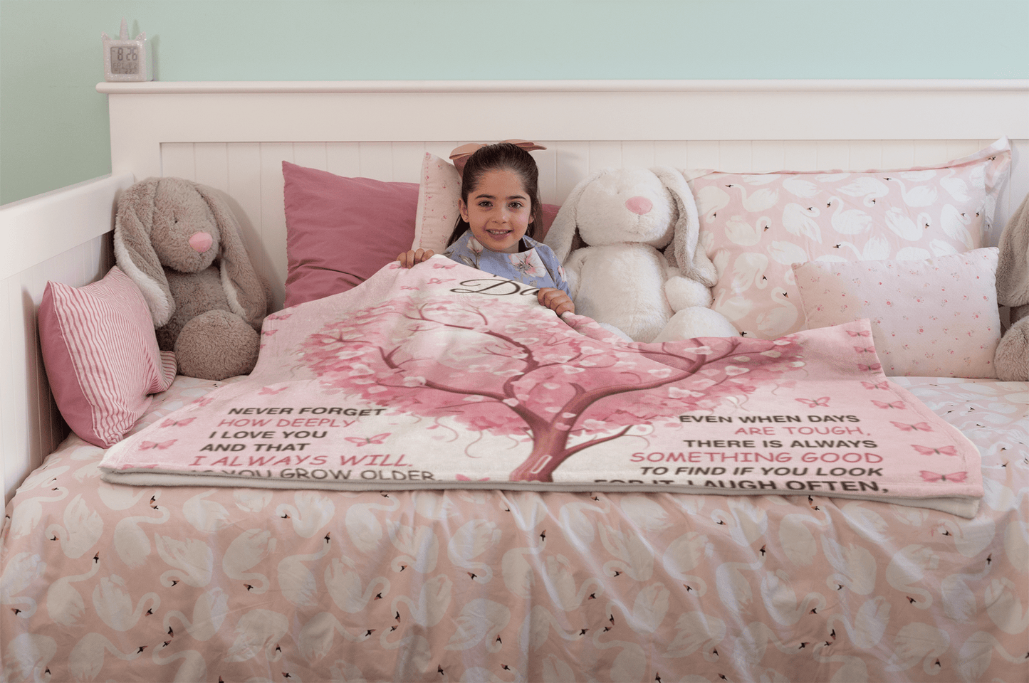 To my Daughter Gift From Mom, Mother to Daughter Pink Butterflies Throw, I Love You Blossom Tree Velveteen Plush Baby Girl Blanket, 60 x 80"