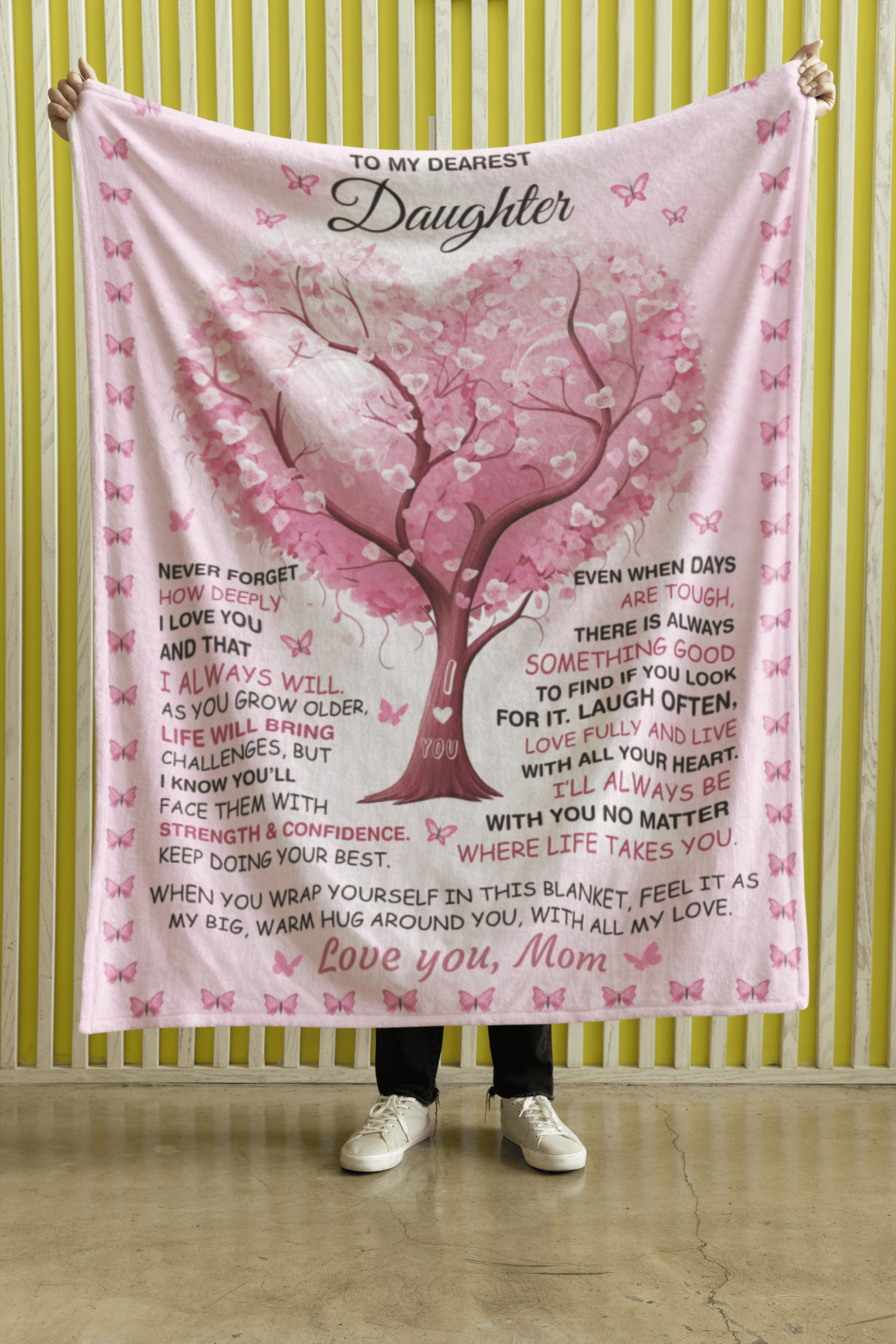 To my Daughter Gift From Mom, Mother to Daughter Pink Butterflies Throw, I Love You Blossom Tree Velveteen Plush Baby Girl Blanket, 60 x 80"