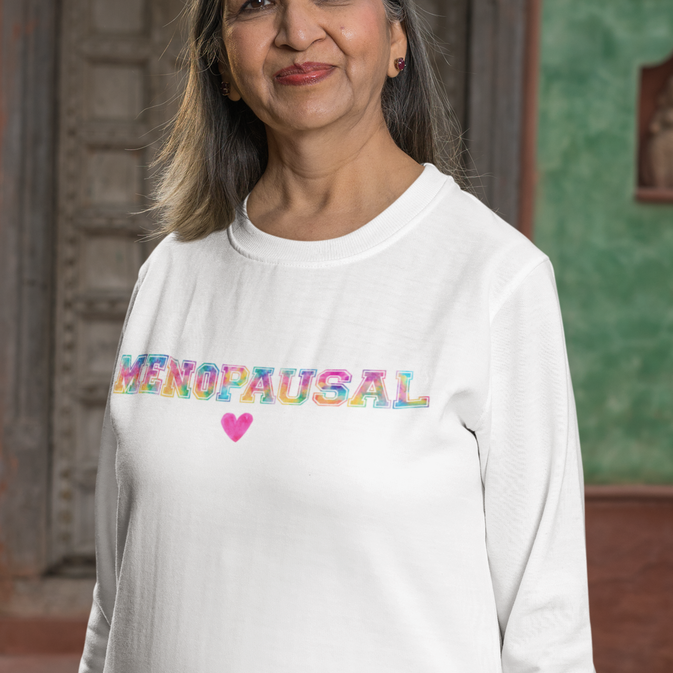 Menopausal Women's Crewneck Sweatshirt, Rainbow Varsity Font, 50% Ethically Grown Cotton / 50% Polyester