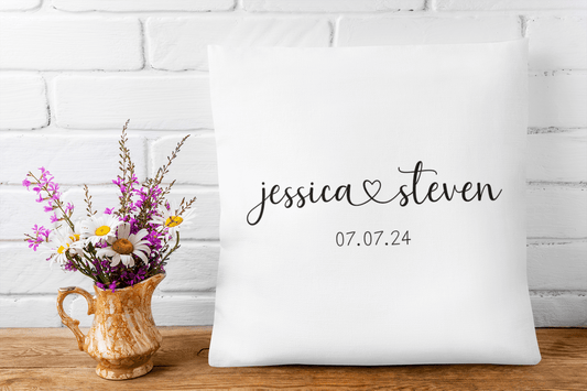 Custom Couple Names Pillow Newlywed Wedding Gift, Personalized Engagement Housewarming Gift Square Pillow, Bridal Shower Date and Initials