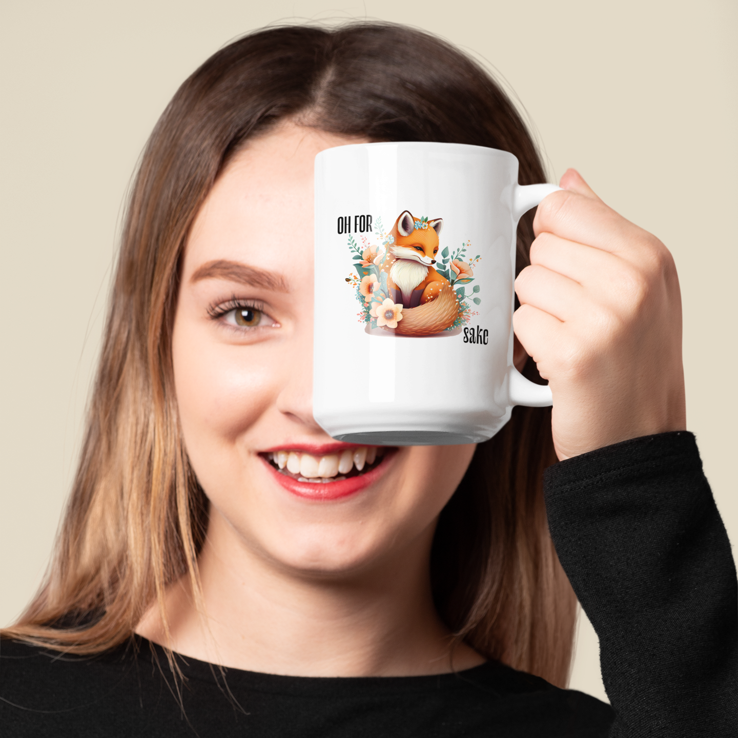 Woman holding White Oh For Fox Sake Sarcastic Cute Mug, 15oz with fox with a bushy tail and peach flowers around it