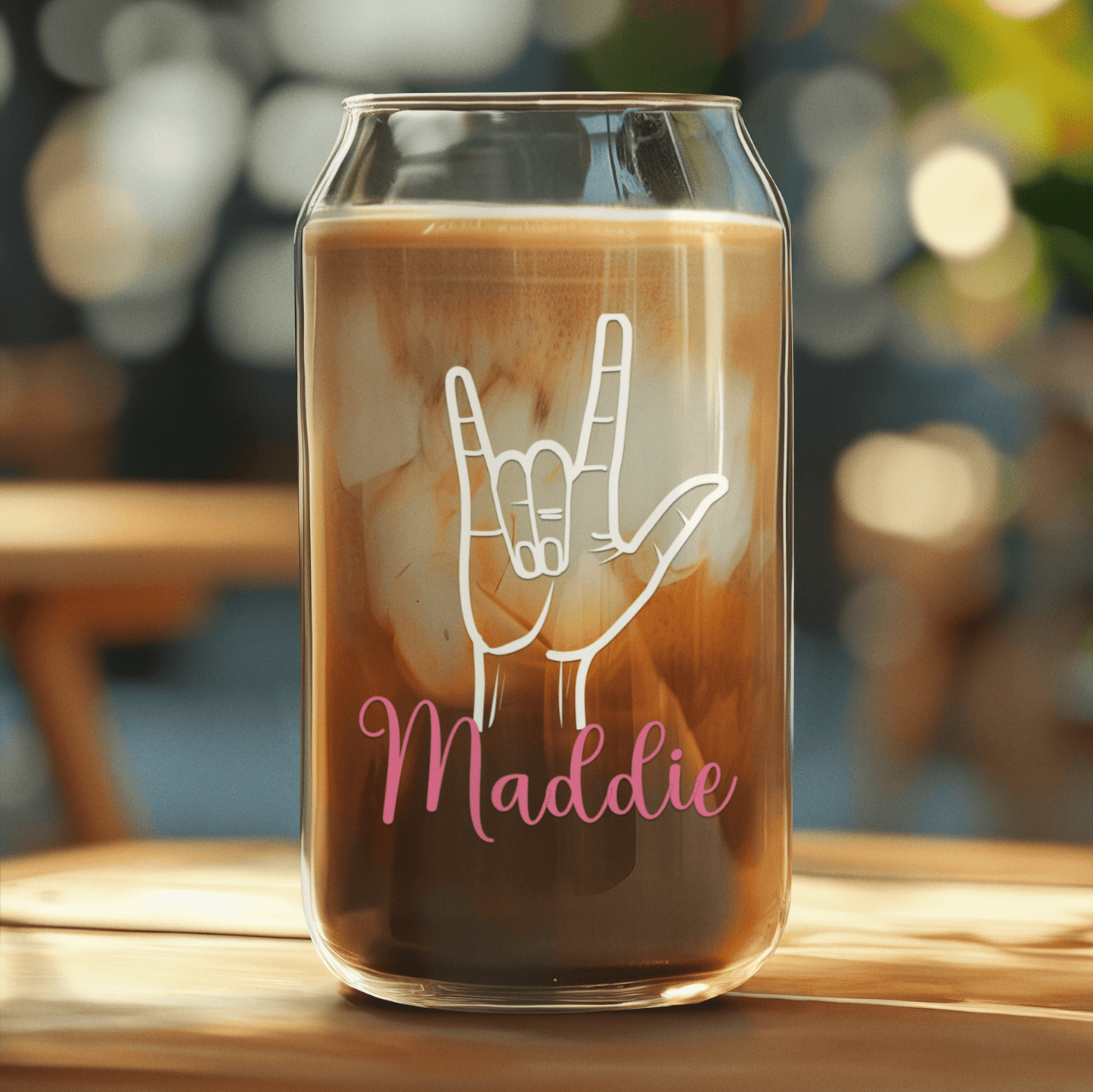 Custom ASL I Love You Libby Glass With Lid & Straw, American Sign Language Sculpted Beer Can ILY Iced Coffee Deaf Ed Sipper Glass Tumbler