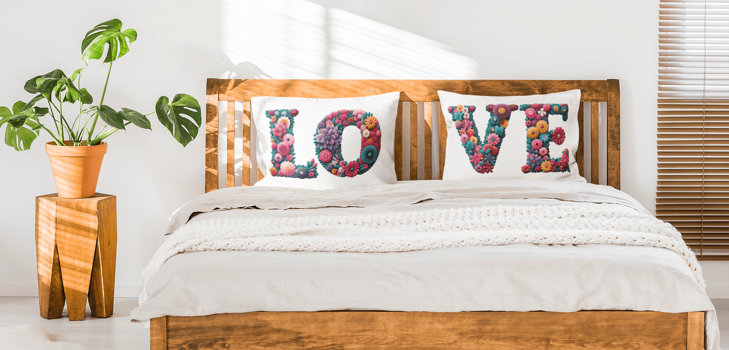 Couple Pillowcases Colorful Floral Love Newlywed Gift Set, His and Hers Matching Set of 2 Pillowcases Housewarming Wedding Bridal Shower Gift