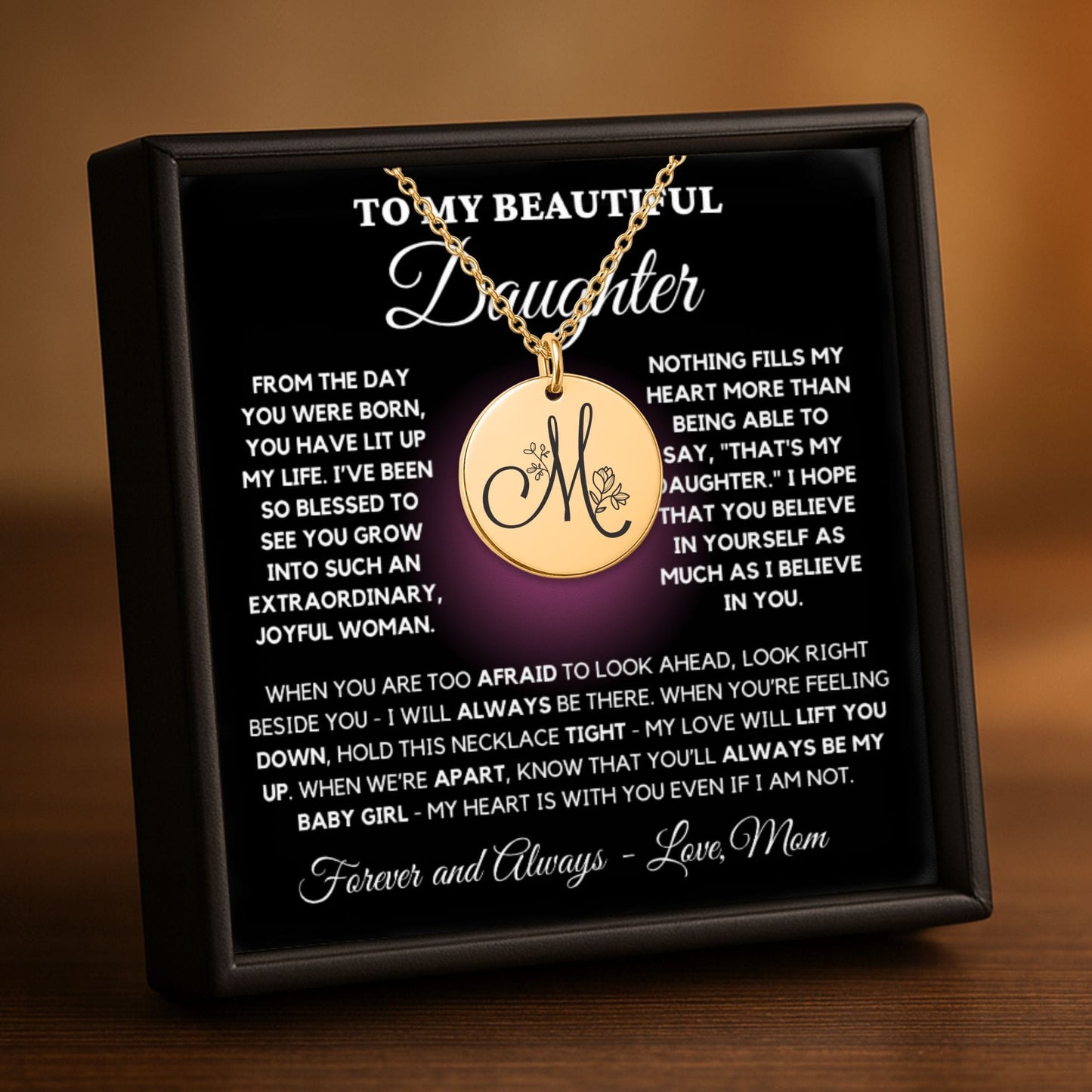 Personalized Monogram Necklace – Custom Engraved Floral Coin Pendant for Daughter Gift