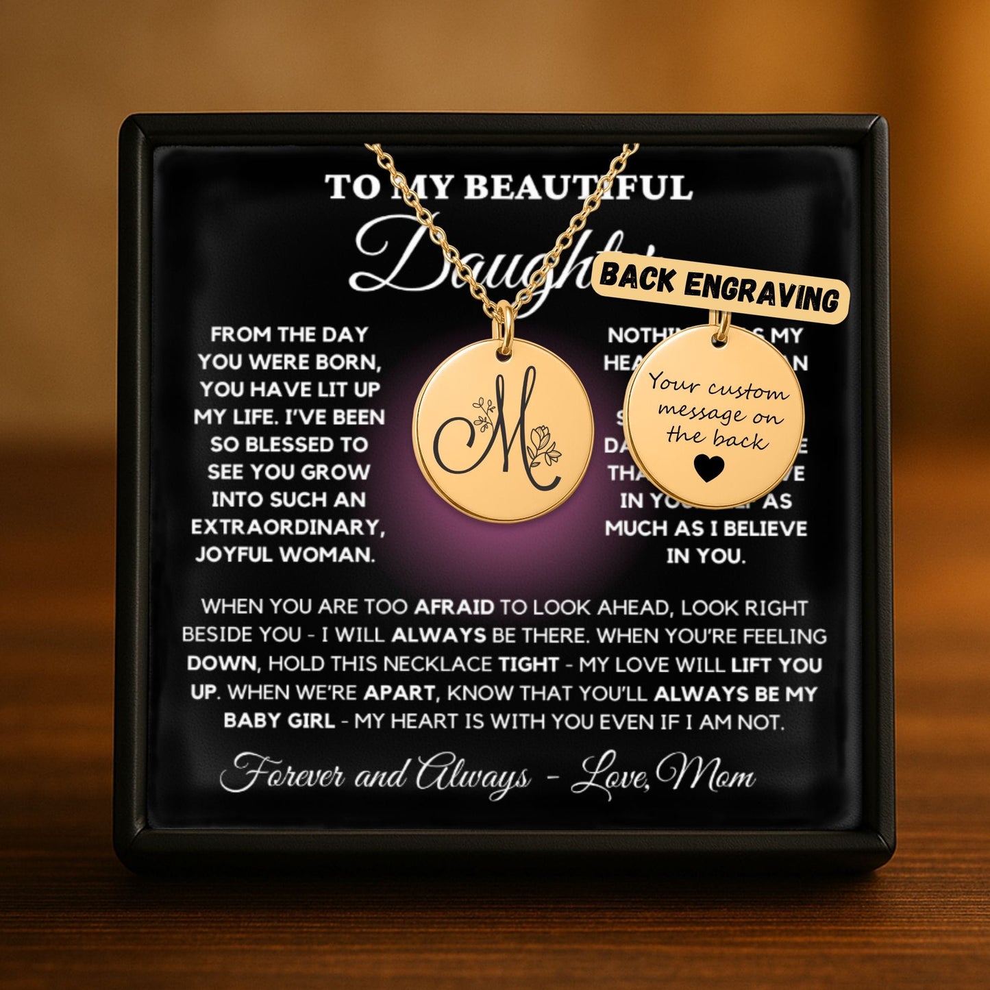 Personalized Monogram Necklace – Custom Engraved Floral Coin Pendant for Daughter Gift