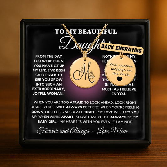 Personalized Monogram Necklace – Custom Engraved Floral Coin Pendant for Daughter Gift