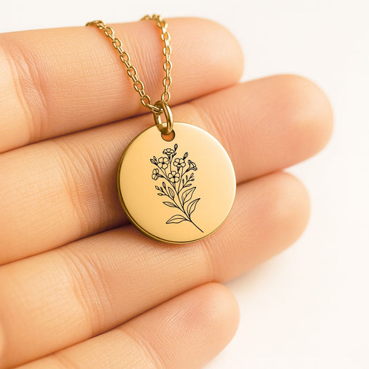Birth Month Flower Necklace – Custom Engraved Floral Coin Pendant for Daughter