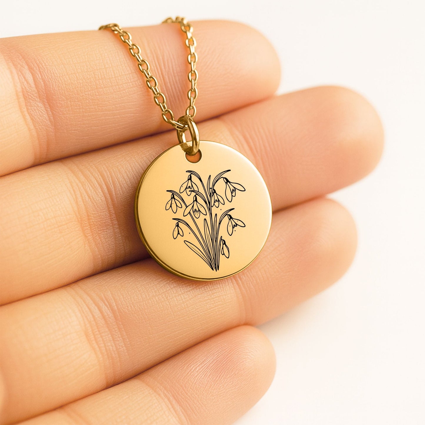 Birth Month Flower Necklace – Custom Engraved Floral Coin Pendant With Adjustable Chain