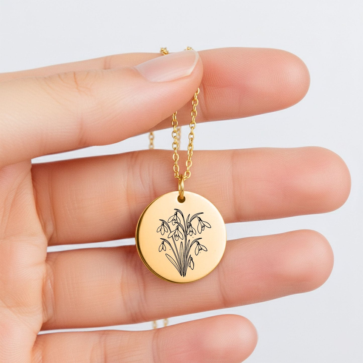 Birth Month Flower Necklace – Custom Engraved Floral Coin Pendant With Adjustable Chain