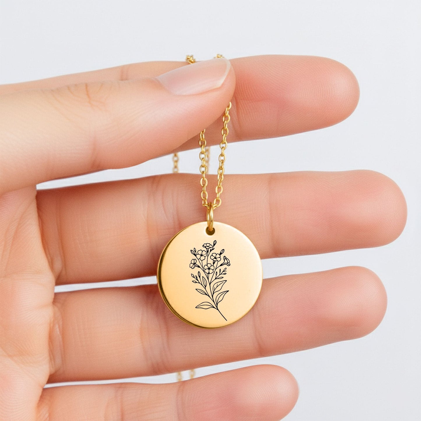 Birth Month Flower Necklace – Custom Engraved Floral Coin Pendant for Daughter