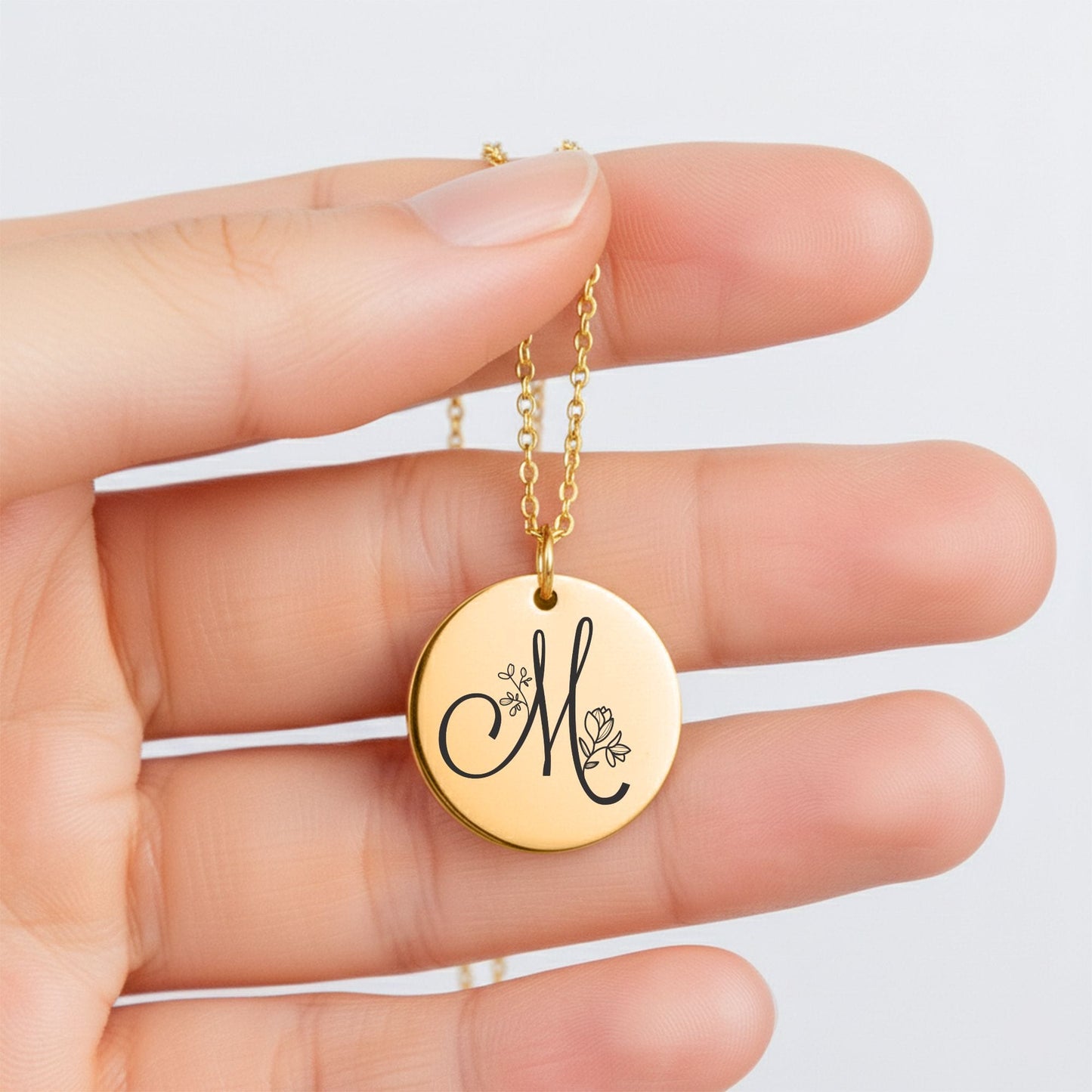 Personalized Monogram Necklace – Custom Engraved Floral Coin Pendant for Daughter Gift