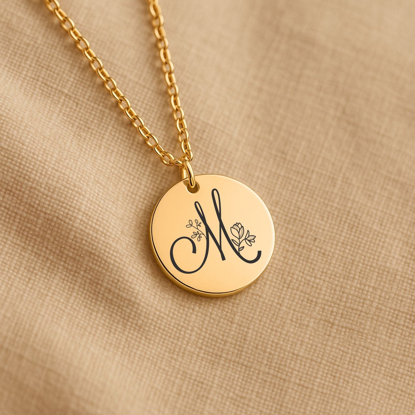 Personalized Monogram Necklace – Custom Engraved Floral Coin Pendant for Daughter Gift