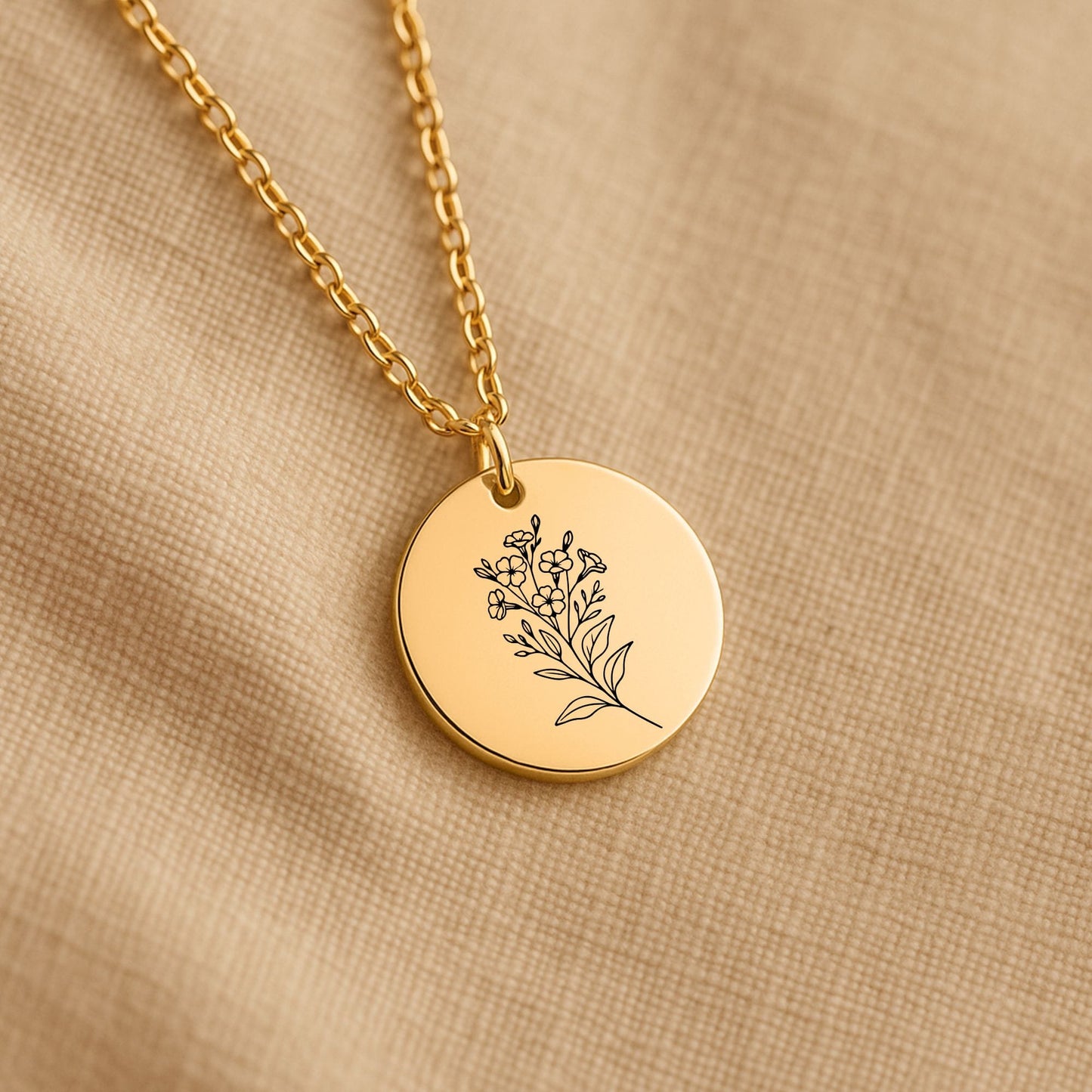 Birth Month Flower Necklace – Custom Engraved Floral Coin Pendant for Daughter