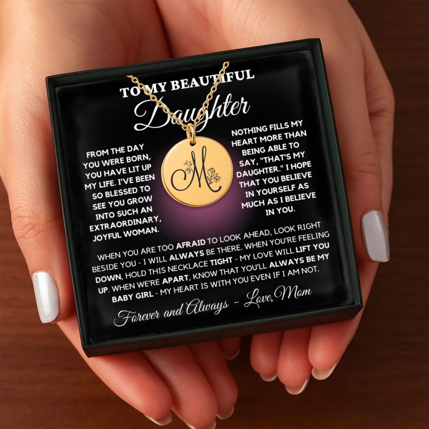 Personalized Monogram Necklace – Custom Engraved Floral Coin Pendant for Daughter Gift