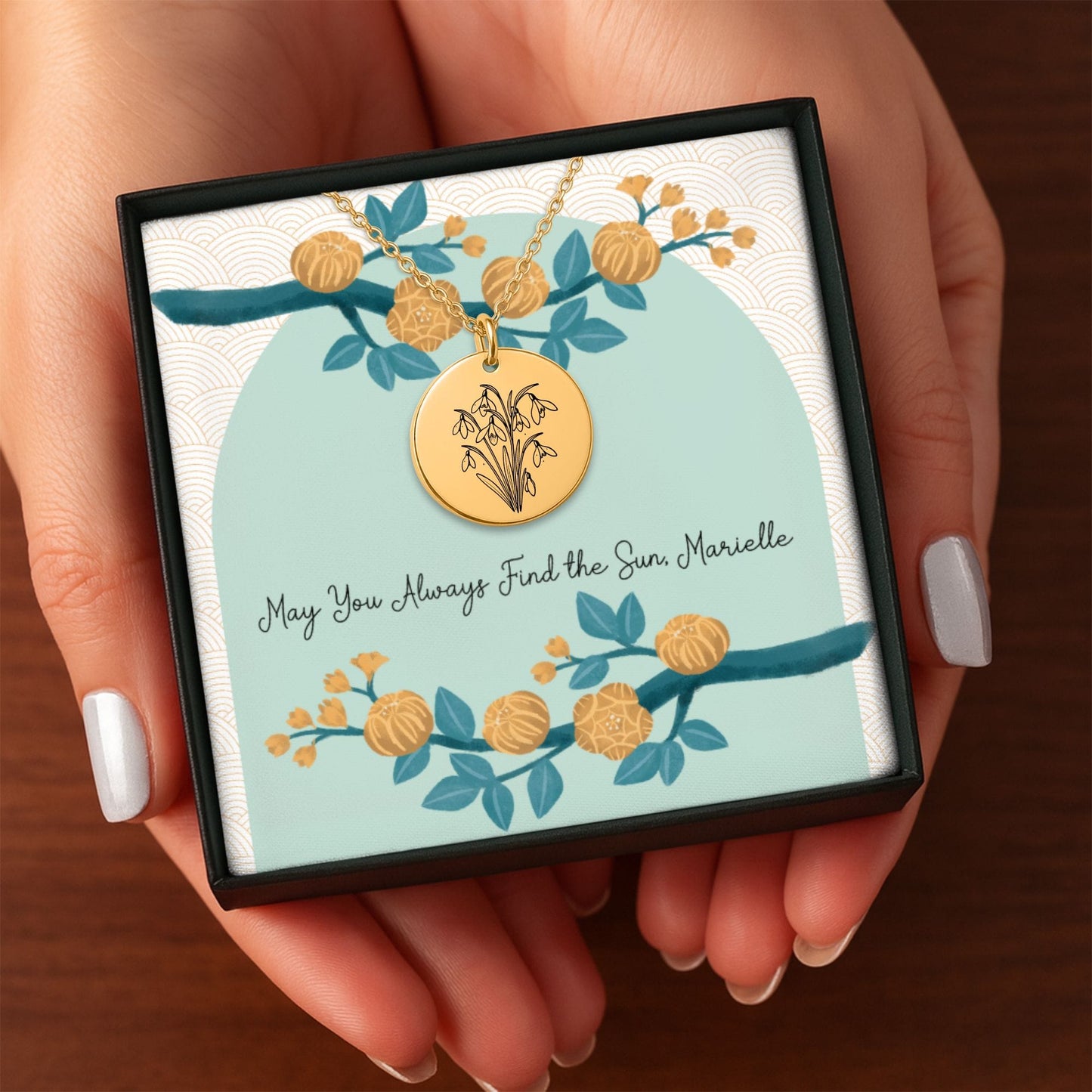 Birth Month Flower Necklace – Custom Engraved Floral Coin Pendant With Adjustable Chain
