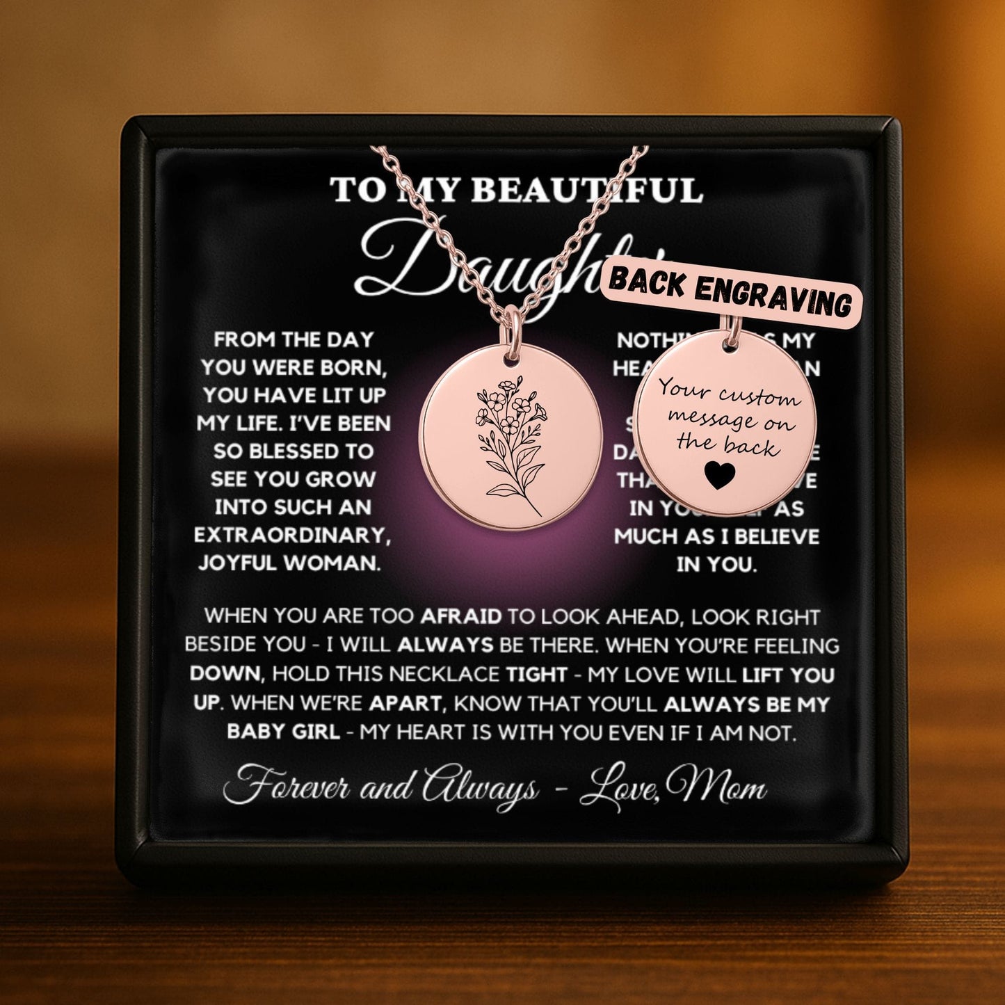 Birth Month Flower Necklace – Custom Engraved Floral Coin Pendant for Daughter
