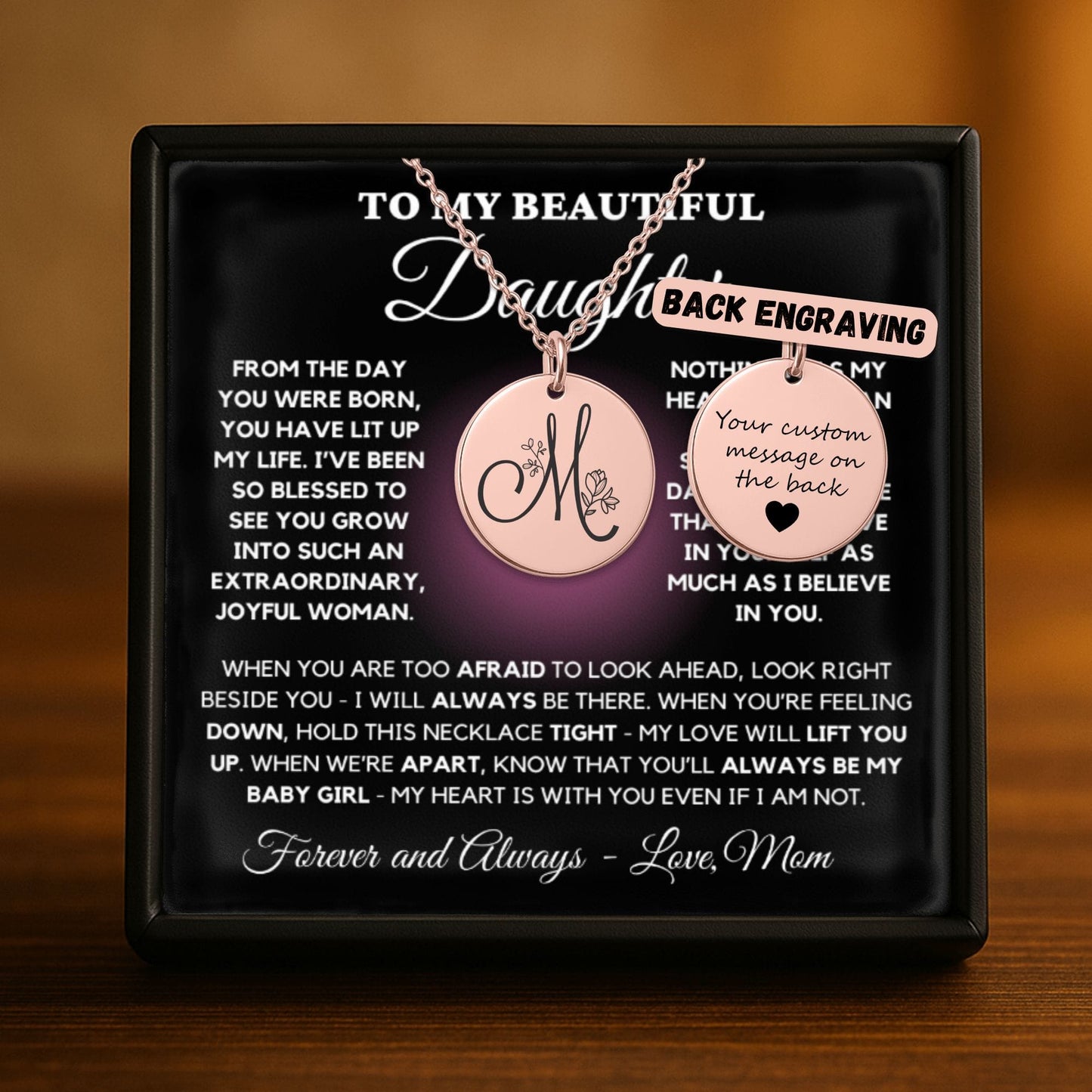 Personalized Monogram Necklace – Custom Engraved Floral Coin Pendant for Daughter Gift