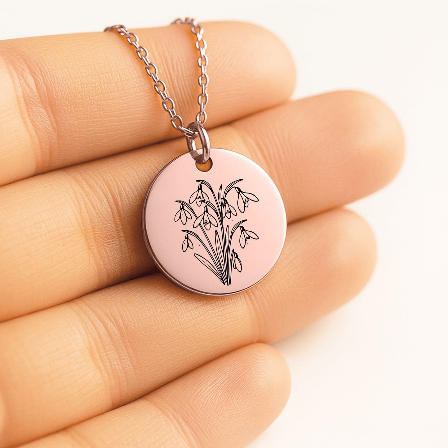 Birth Month Flower Necklace – Custom Engraved Floral Coin Pendant With Adjustable Chain