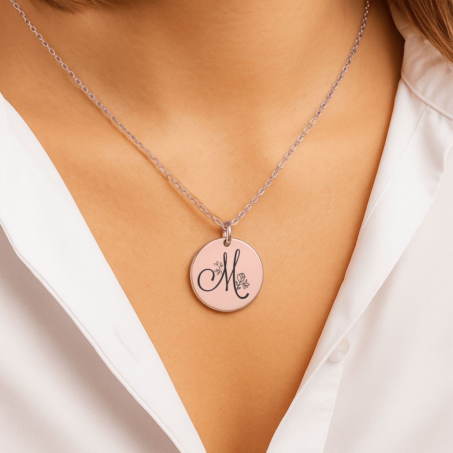 Personalized Monogram Necklace – Custom Engraved Floral Coin Pendant for Daughter Gift