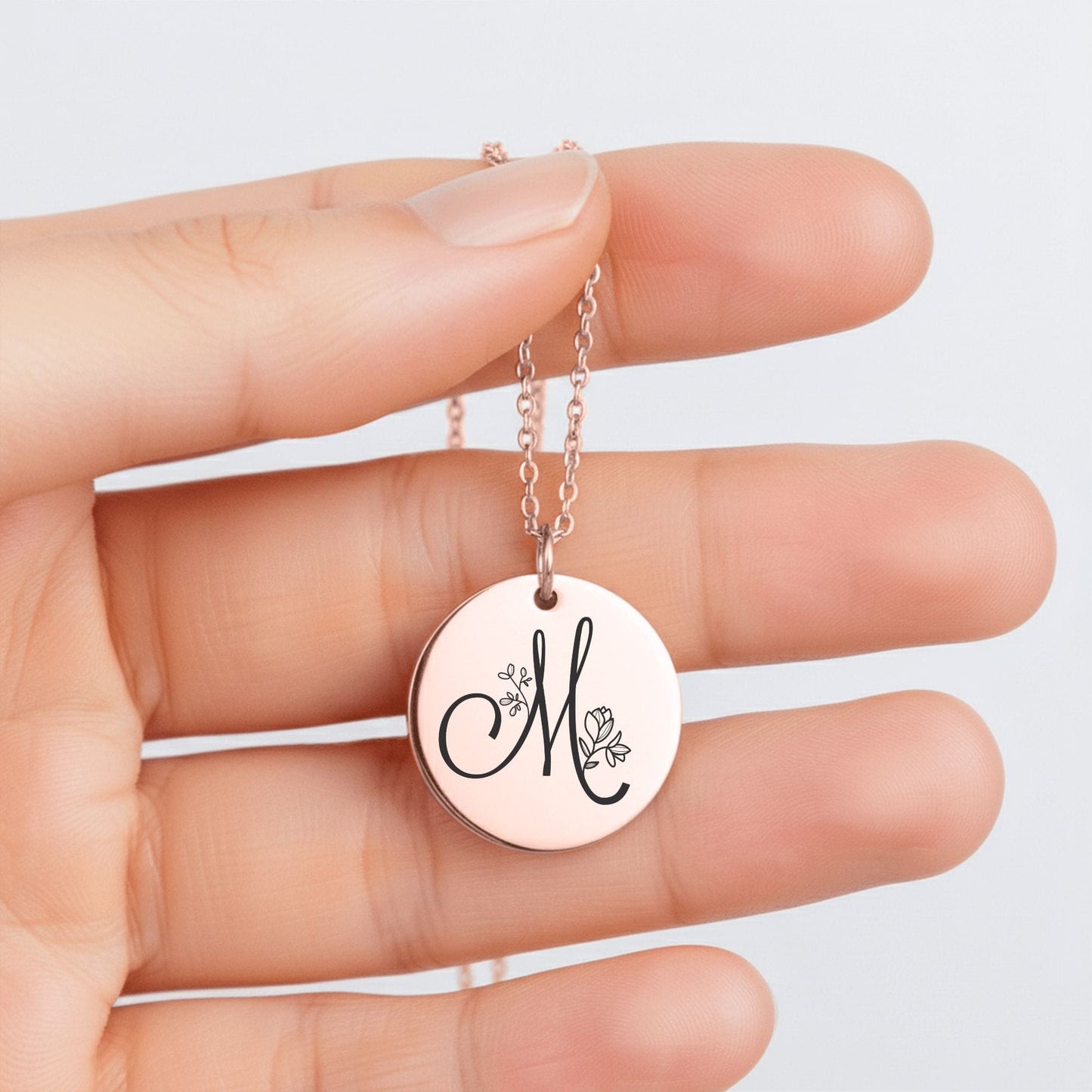 Personalized Monogram Necklace – Custom Engraved Floral Coin Pendant for Daughter Gift