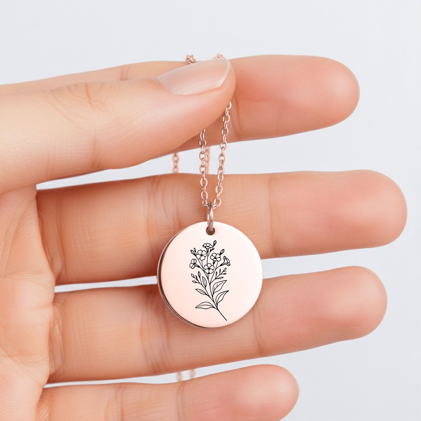 Birth Month Flower Necklace – Custom Engraved Floral Coin Pendant for Daughter