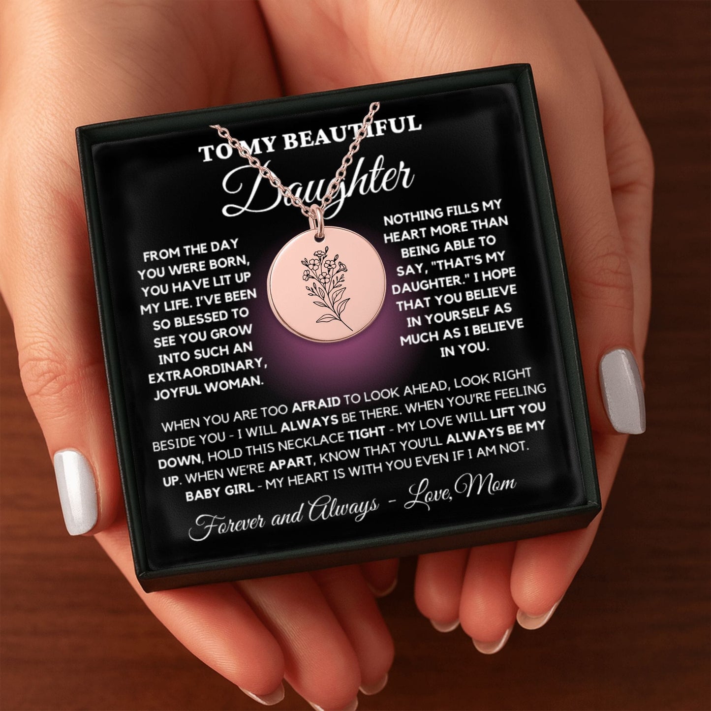Birth Month Flower Necklace – Custom Engraved Floral Coin Pendant for Daughter