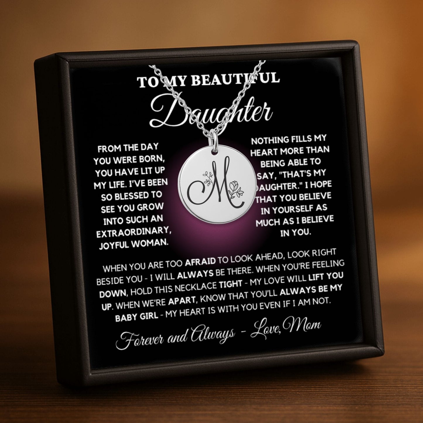 Personalized Monogram Necklace – Custom Engraved Floral Coin Pendant for Daughter Gift
